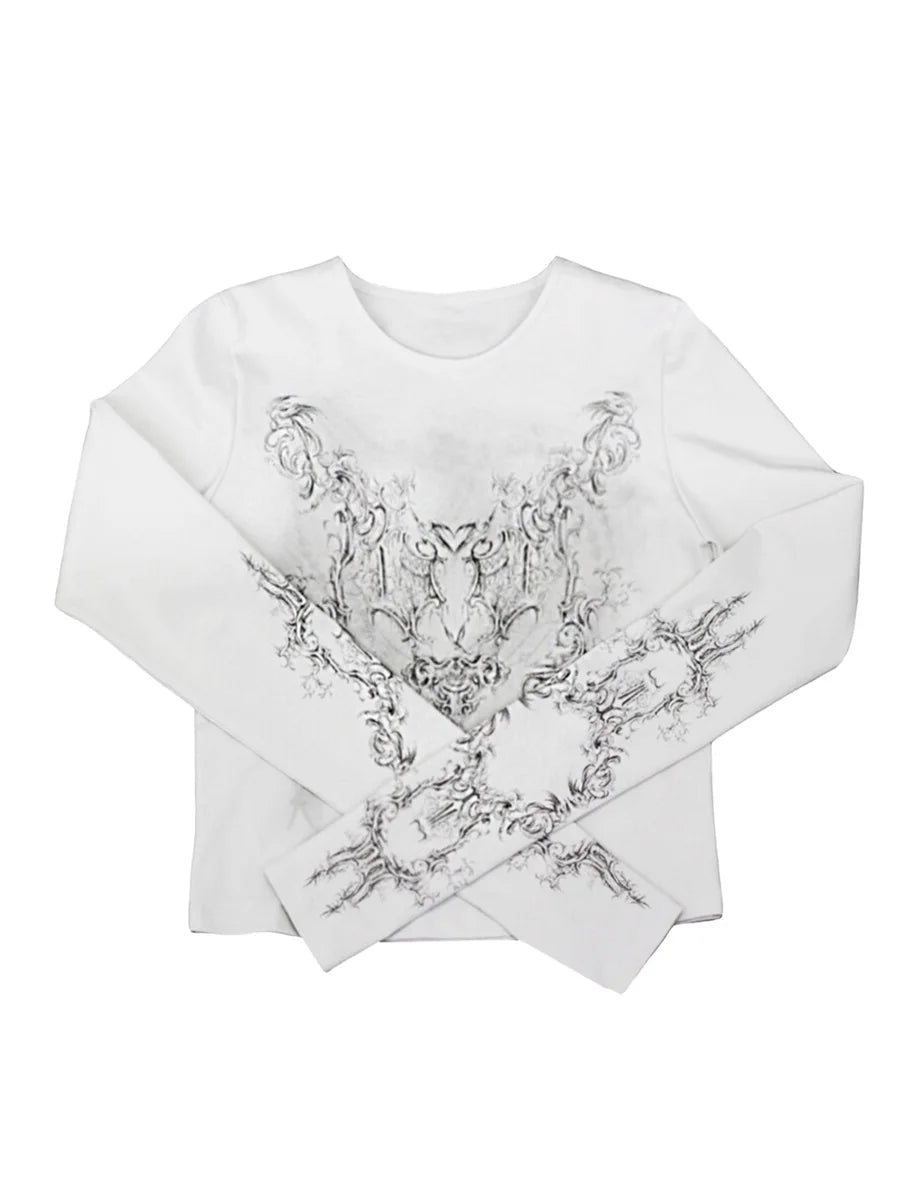 Women Casual T-Shirt Round Neck Long Sleeve Vintage Totem Print Pattern Bottoming Women's Tube Tops Tee Streetwear Y2k