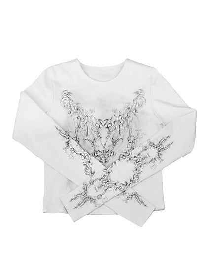 Women Casual T-Shirt Round Neck Long Sleeve Vintage Totem Print Pattern Bottoming Women's Tube Tops Tee Streetwear Y2k