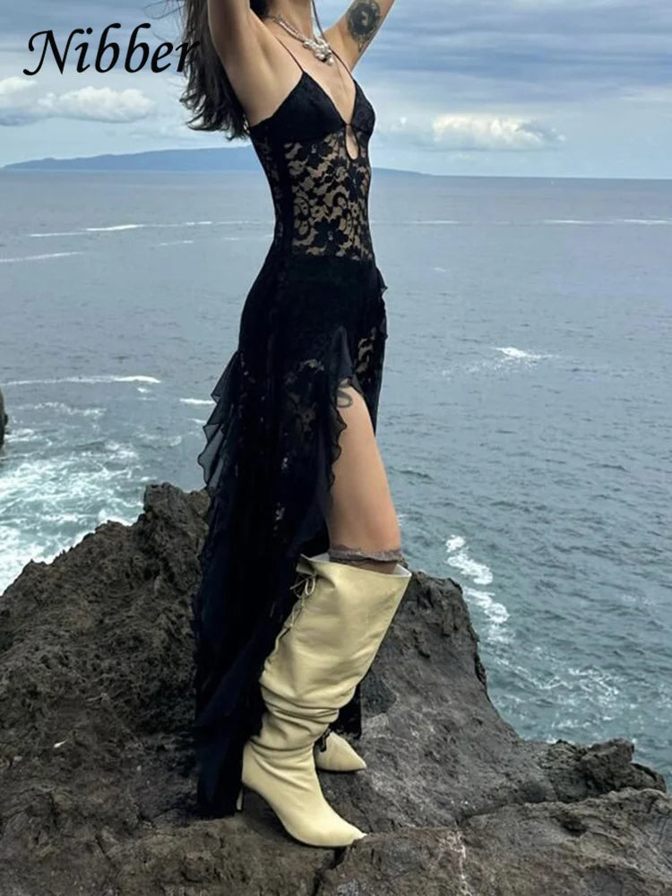 Nibber Sexy See Through Lace Sleeveless Long Dress Women Patchwork Summer Backless V-neck Side Slit Party Evening Maxi Vestidos