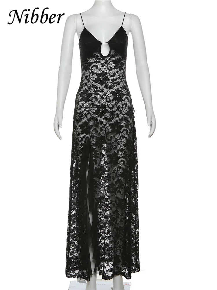Nibber Sexy See Through Lace Sleeveless Long Dress Women Patchwork Summer Backless V-neck Side Slit Party Evening Maxi Vestidos