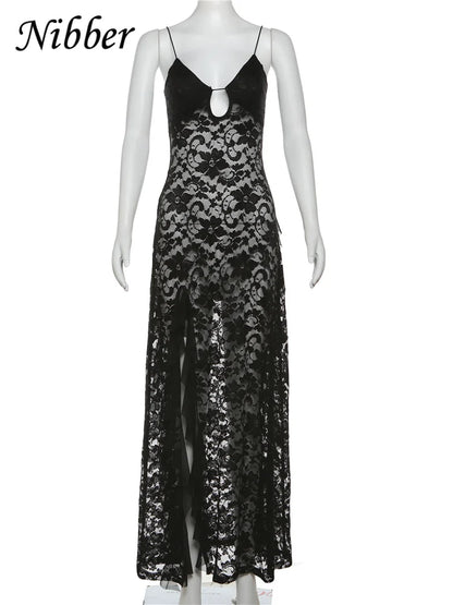 Nibber Sexy See Through Lace Sleeveless Long Dress Women Patchwork Summer Backless V-neck Side Slit Party Evening Maxi Vestidos