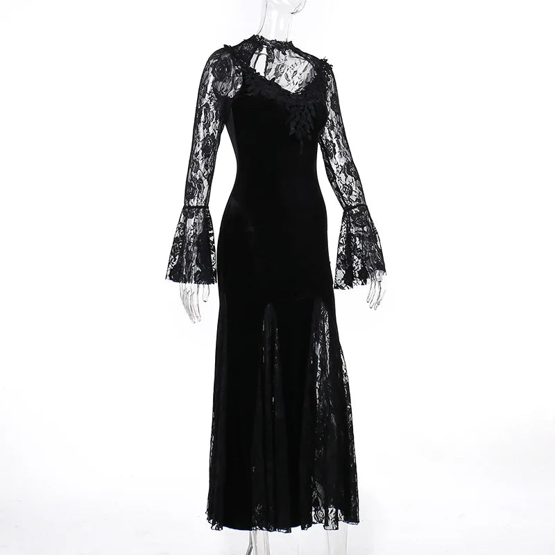 Goth Dark Vintage Mall Gothic Elegant Lace Trumpet Dress Grunge Aesthetic Punk V-neck Long Dresses 2025 Women's Slim Streetwear