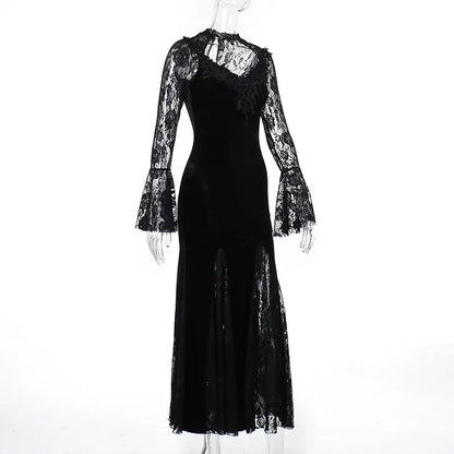Goth Dark Vintage Mall Gothic Elegant Lace Trumpet Dress Grunge Aesthetic Punk V-neck Long Dresses 2025 Women's Slim Streetwear