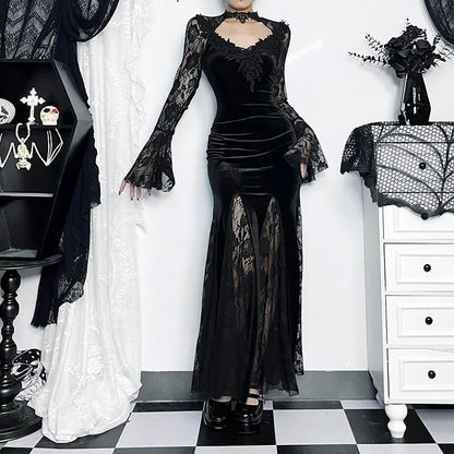 Goth Dark Vintage Mall Gothic Elegant Lace Trumpet Dress Grunge Aesthetic Punk V-neck Long Dresses 2025 Women's Slim Streetwear
