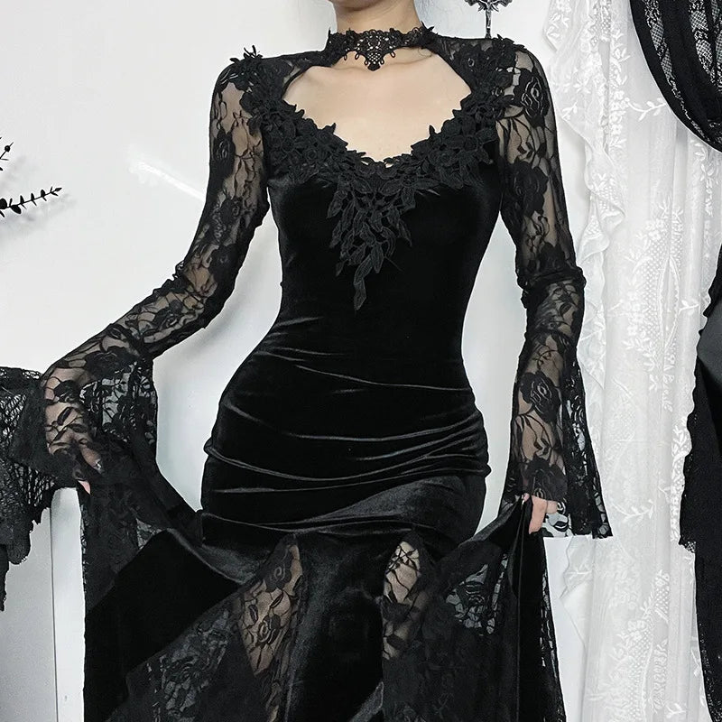 Goth Dark Vintage Mall Gothic Elegant Lace Trumpet Dress Grunge Aesthetic Punk V-neck Long Dresses 2025 Women's Slim Streetwear