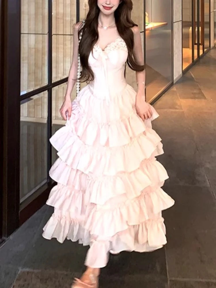 French Sweet Elegant Women Dresses Vintage Design Irregular Strap Evening Dress Fashion Female Puffy Korean Popular Long Dresses