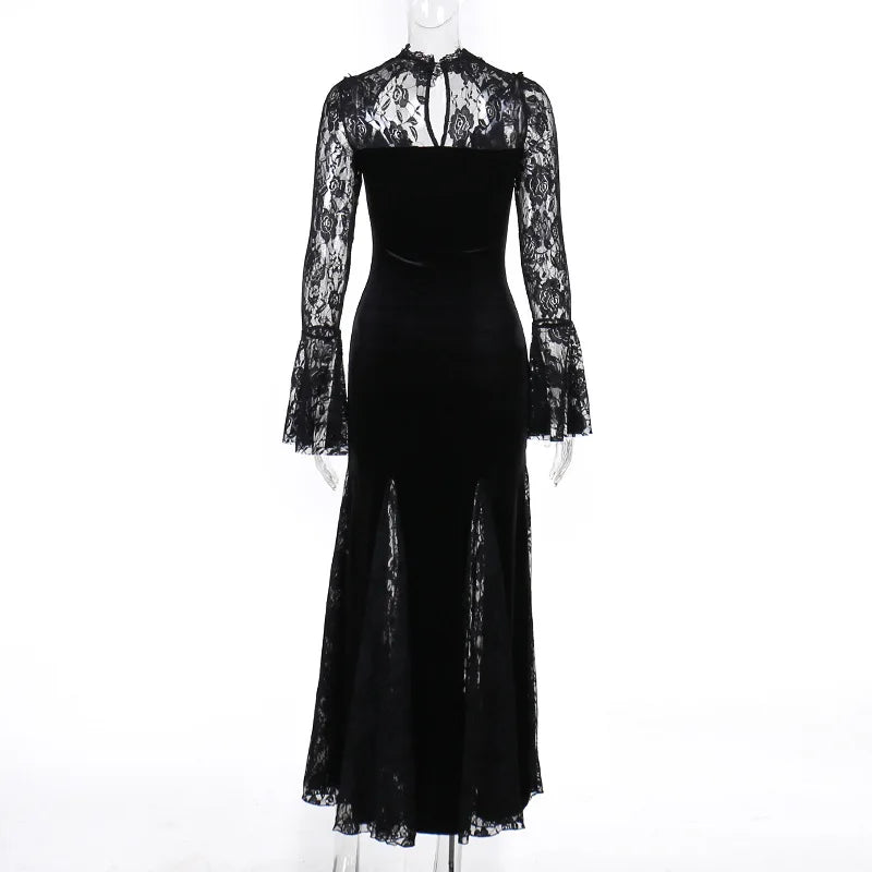 Goth Dark Vintage Mall Gothic Elegant Lace Trumpet Dress Grunge Aesthetic Punk V-neck Long Dresses 2025 Women's Slim Streetwear