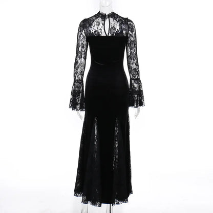 Goth Dark Vintage Mall Gothic Elegant Lace Trumpet Dress Grunge Aesthetic Punk V-neck Long Dresses 2025 Women's Slim Streetwear