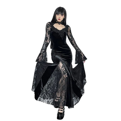 Goth Dark Vintage Mall Gothic Elegant Lace Trumpet Dress Grunge Aesthetic Punk V-neck Long Dresses 2025 Women's Slim Streetwear