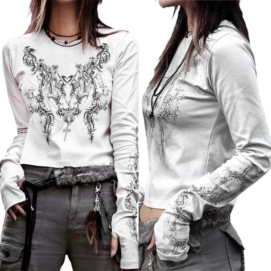 Women Casual T-Shirt Round Neck Long Sleeve Vintage Totem Print Pattern Bottoming Women's Tube Tops Tee Streetwear Y2k