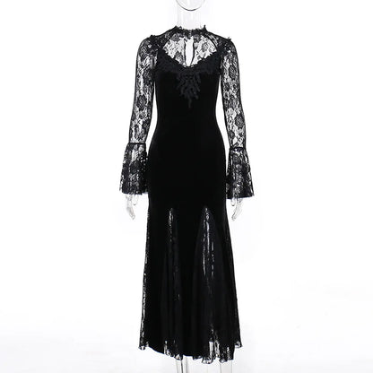Goth Dark Vintage Mall Gothic Elegant Lace Trumpet Dress Grunge Aesthetic Punk V-neck Long Dresses 2025 Women's Slim Streetwear