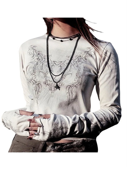 Women Casual T-Shirt Round Neck Long Sleeve Vintage Totem Print Pattern Bottoming Women's Tube Tops Tee Streetwear Y2k