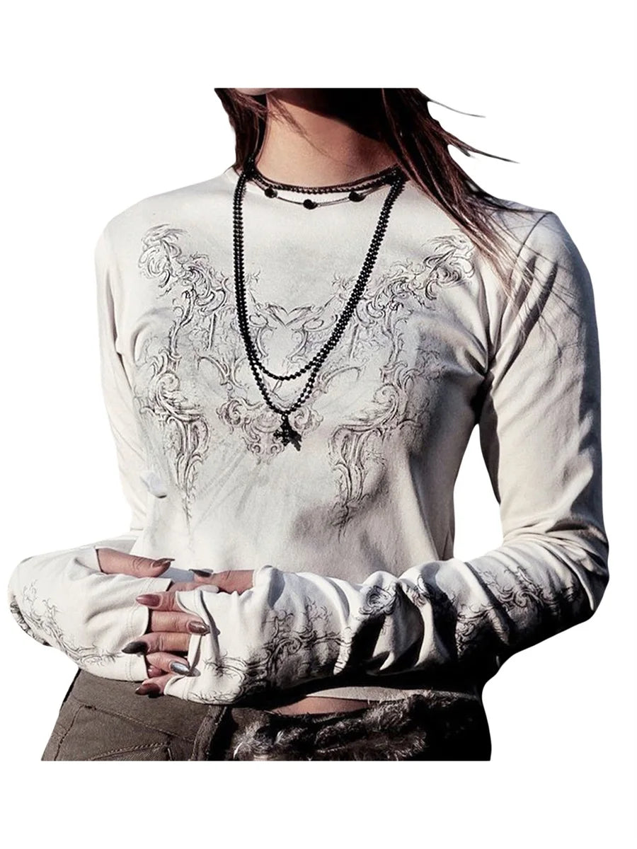 Women Casual T-Shirt Round Neck Long Sleeve Vintage Totem Print Pattern Bottoming Women's Tube Tops Tee Streetwear Y2k