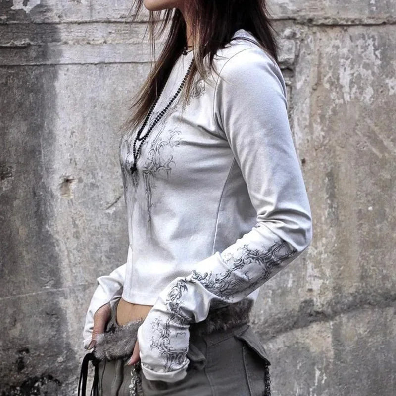 Women Casual T-Shirt Round Neck Long Sleeve Vintage Totem Print Pattern Bottoming Women's Tube Tops Tee Streetwear Y2k