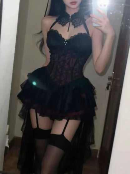 Halloween Dark Style Sexy Girl Lace Dress Women Fashion Halter Patchwork Slim Fit Clothes Asymmetrical Vintage Puffy Dresses New