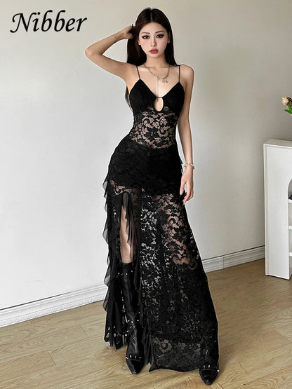 Nibber Sexy See Through Lace Sleeveless Long Dress Women Patchwork Summer Backless V-neck Side Slit Party Evening Maxi Vestidos