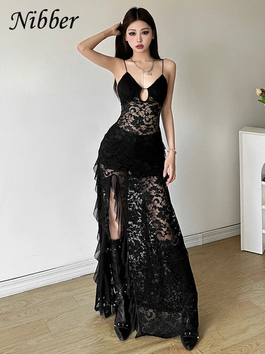 Nibber Sexy See Through Lace Sleeveless Long Dress Women Patchwork Summer Backless V-neck Side Slit Party Evening Maxi Vestidos