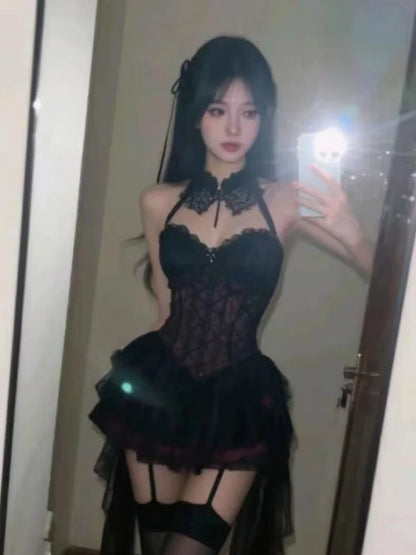 Halloween Dark Style Sexy Girl Lace Dress Women Fashion Halter Patchwork Slim Fit Clothes Asymmetrical Vintage Puffy Dresses New