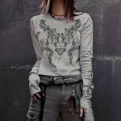 Women Casual T-Shirt Round Neck Long Sleeve Vintage Totem Print Pattern Bottoming Women's Tube Tops Tee Streetwear Y2k