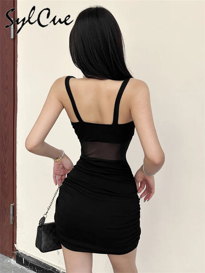 Sylcue Black Mysterious Sexy Mature Beautiful Tight Hot Confident Summer Party Intellectual Elegant Simple Women'S Strap Dress