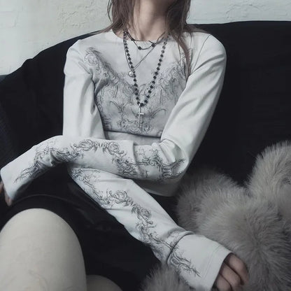 Women Casual T-Shirt Round Neck Long Sleeve Vintage Totem Print Pattern Bottoming Women's Tube Tops Tee Streetwear Y2k