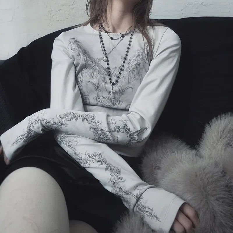 Women Casual T-Shirt Round Neck Long Sleeve Vintage Totem Print Pattern Bottoming Women's Tube Tops Tee Streetwear Y2k