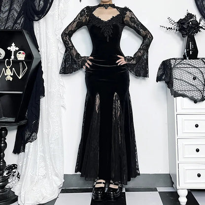 Goth Dark Vintage Mall Gothic Elegant Lace Trumpet Dress Grunge Aesthetic Punk V-neck Long Dresses 2025 Women's Slim Streetwear