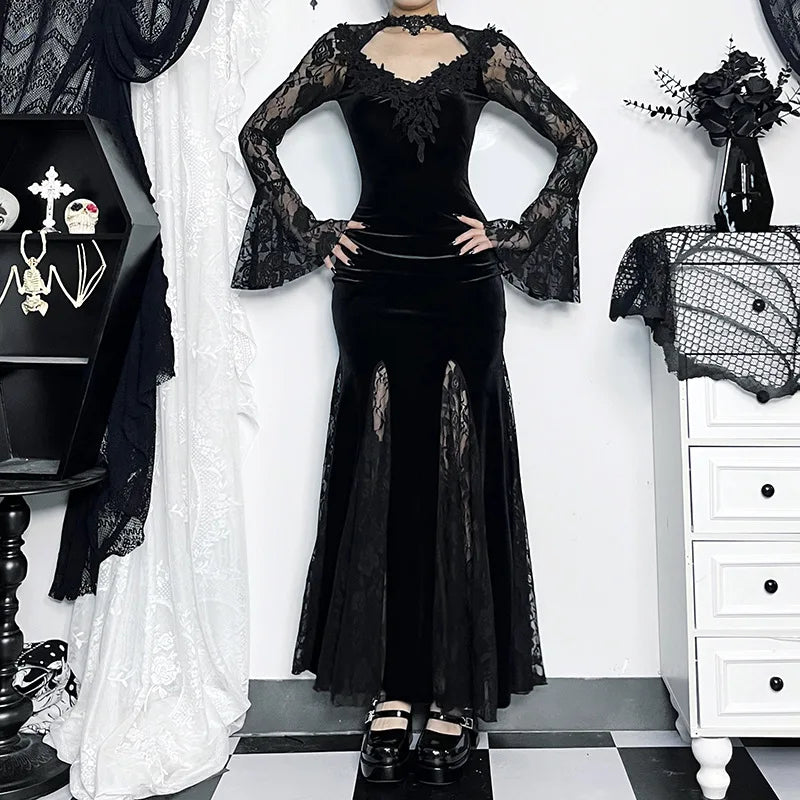 Goth Dark Vintage Mall Gothic Elegant Lace Trumpet Dress Grunge Aesthetic Punk V-neck Long Dresses 2025 Women's Slim Streetwear