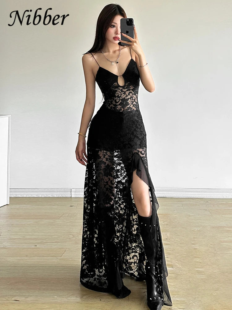 Nibber Sexy See Through Lace Sleeveless Long Dress Women Patchwork Summer Backless V-neck Side Slit Party Evening Maxi Vestidos