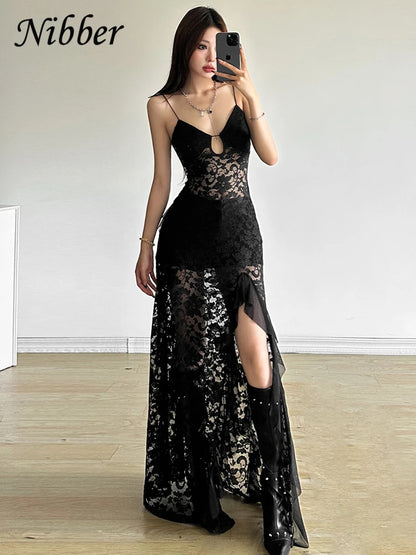 Nibber Sexy See Through Lace Sleeveless Long Dress Women Patchwork Summer Backless V-neck Side Slit Party Evening Maxi Vestidos