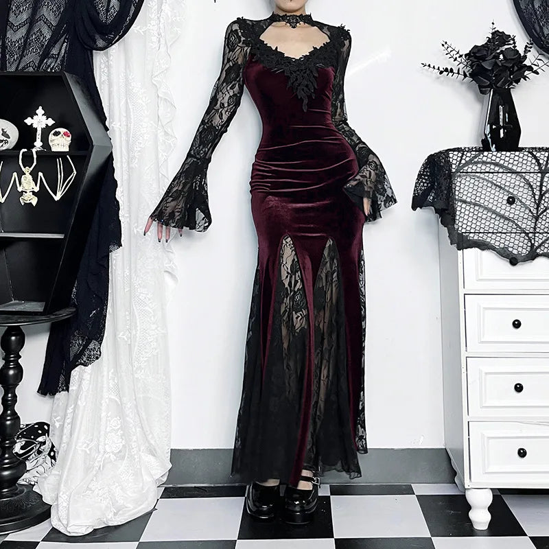 Goth Dark Vintage Mall Gothic Elegant Lace Trumpet Dress Grunge Aesthetic Punk V-neck Long Dresses 2025 Women's Slim Streetwear