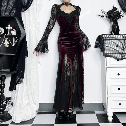 Goth Dark Vintage Mall Gothic Elegant Lace Trumpet Dress Grunge Aesthetic Punk V-neck Long Dresses 2025 Women's Slim Streetwear