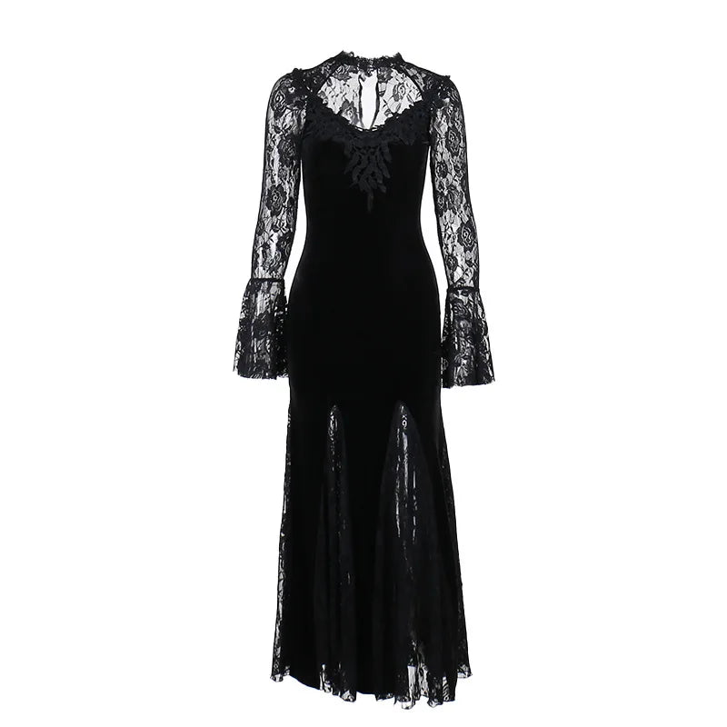 Goth Dark Vintage Mall Gothic Elegant Lace Trumpet Dress Grunge Aesthetic Punk V-neck Long Dresses 2025 Women's Slim Streetwear