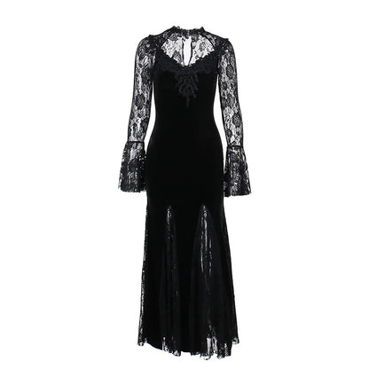 Goth Dark Vintage Mall Gothic Elegant Lace Trumpet Dress Grunge Aesthetic Punk V-neck Long Dresses 2025 Women's Slim Streetwear