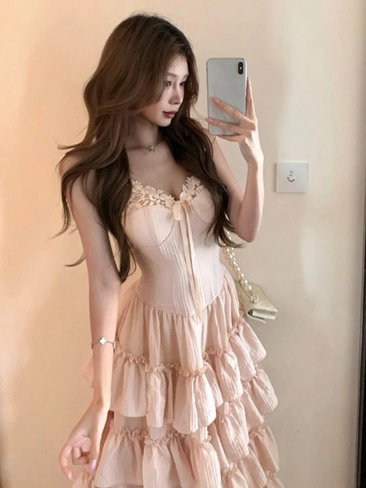 French Sweet Elegant Women Dresses Vintage Design Irregular Strap Evening Dress Fashion Female Puffy Korean Popular Long Dresses