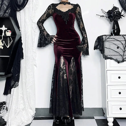 Goth Dark Vintage Mall Gothic Elegant Lace Trumpet Dress Grunge Aesthetic Punk V-neck Long Dresses 2025 Women's Slim Streetwear
