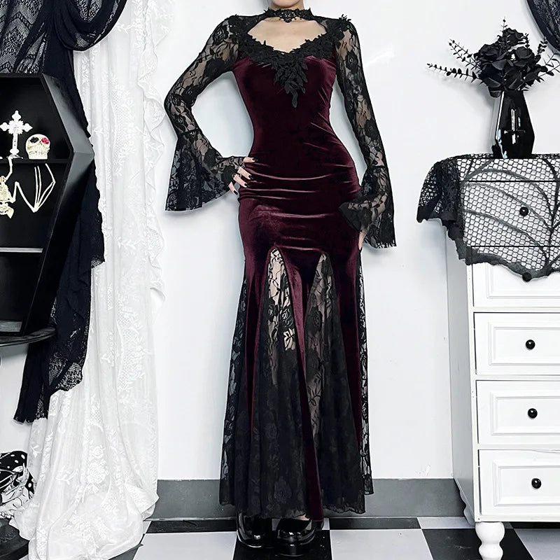 Goth Dark Vintage Mall Gothic Elegant Lace Trumpet Dress Grunge Aesthetic Punk V-neck Long Dresses 2025 Women's Slim Streetwear