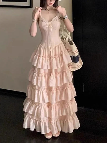 French Sweet Elegant Women Dresses Vintage Design Irregular Strap Evening Dress Fashion Female Puffy Korean Popular Long Dresses