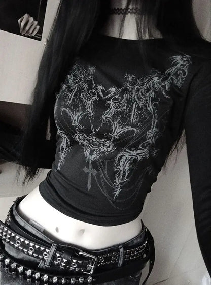 Punk Crop Tops Women T shirt Gothic Streetwear Long sleeves Hip Hop Tees Femme Vintage Clothes Grunge Y2k T shirts Aesthetic Top