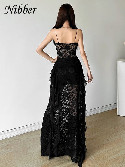 Nibber Sexy See Through Lace Sleeveless Long Dress Women Patchwork Summer Backless V-neck Side Slit Party Evening Maxi Vestidos