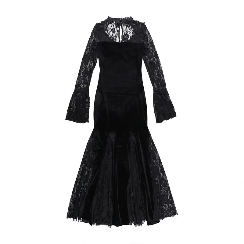 Goth Dark Vintage Mall Gothic Elegant Lace Trumpet Dress Grunge Aesthetic Punk V-neck Long Dresses 2025 Women's Slim Streetwear