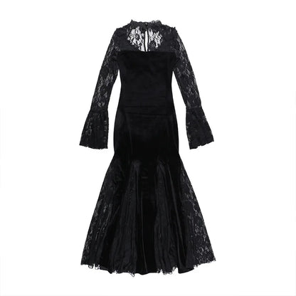 Goth Dark Vintage Mall Gothic Elegant Lace Trumpet Dress Grunge Aesthetic Punk V-neck Long Dresses 2025 Women's Slim Streetwear