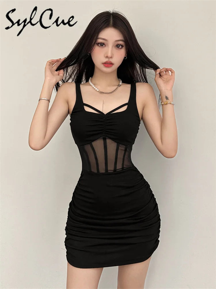 Sylcue Black Mysterious Sexy Mature Beautiful Tight Hot Confident Summer Party Intellectual Elegant Simple Women'S Strap Dress