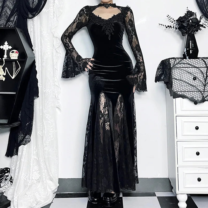 Goth Dark Vintage Mall Gothic Elegant Lace Trumpet Dress Grunge Aesthetic Punk V-neck Long Dresses 2025 Women's Slim Streetwear