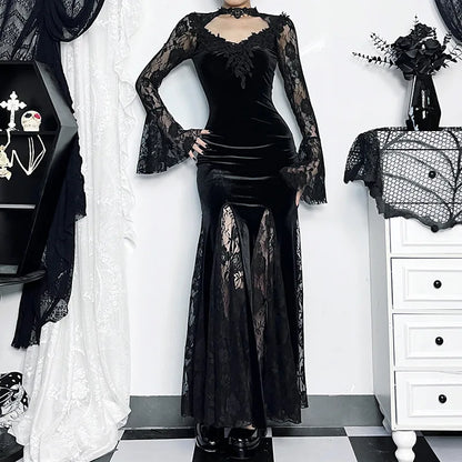 Goth Dark Vintage Mall Gothic Elegant Lace Trumpet Dress Grunge Aesthetic Punk V-neck Long Dresses 2025 Women's Slim Streetwear