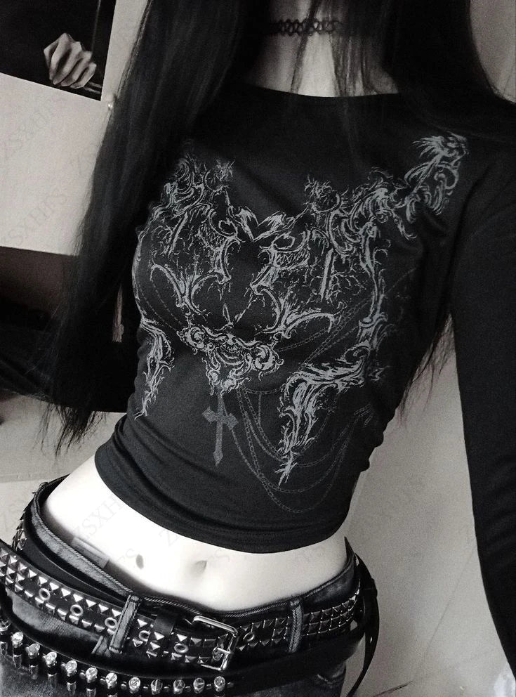 Punk Crop Tops Women T shirt Gothic Streetwear Long sleeves Hip Hop Tees Femme Vintage Clothes Grunge Y2k T shirts Aesthetic Top