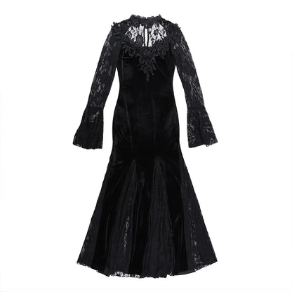 Goth Dark Vintage Mall Gothic Elegant Lace Trumpet Dress Grunge Aesthetic Punk V-neck Long Dresses 2025 Women's Slim Streetwear