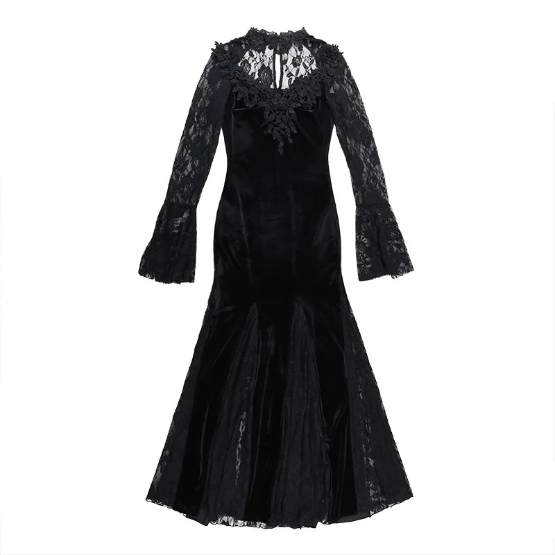 Goth Dark Vintage Mall Gothic Elegant Lace Trumpet Dress Grunge Aesthetic Punk V-neck Long Dresses 2025 Women's Slim Streetwear