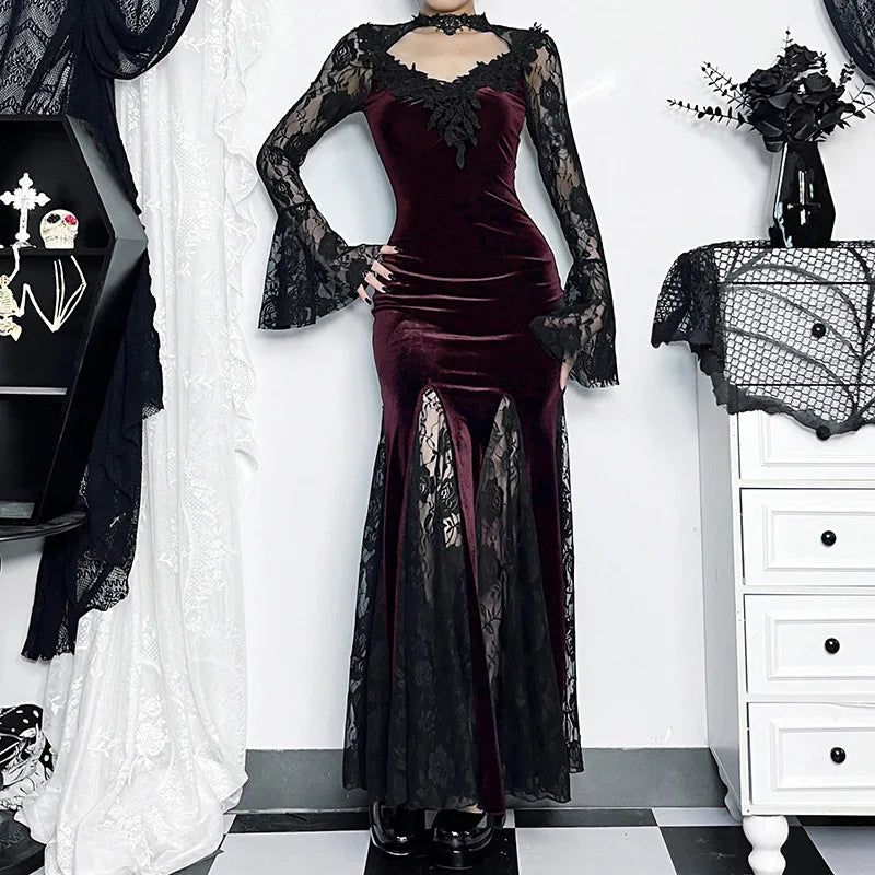 Goth Dark Vintage Mall Gothic Elegant Lace Trumpet Dress Grunge Aesthetic Punk V-neck Long Dresses 2025 Women's Slim Streetwear