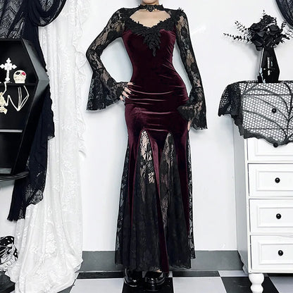 Goth Dark Vintage Mall Gothic Elegant Lace Trumpet Dress Grunge Aesthetic Punk V-neck Long Dresses 2025 Women's Slim Streetwear